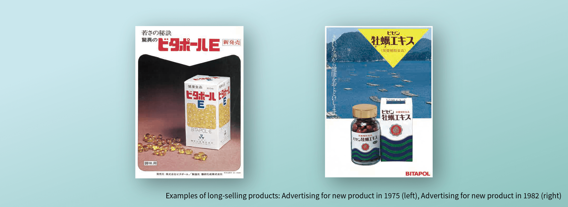画像：ロングセラー商品例　（左）1975年発売当時の広告、（右）1982年発売当時の広告